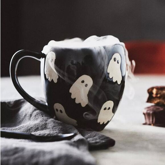 2 Anthropologie Vida Stoneware Icon Mugs Bat & Ghost Mug Set Halloween NEW - Picture 2 of 15